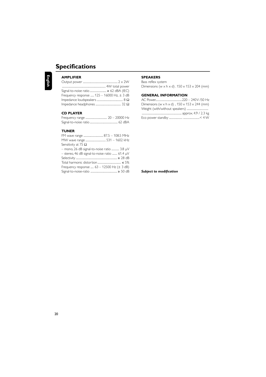 Philips MCM138D user manual Specifications 