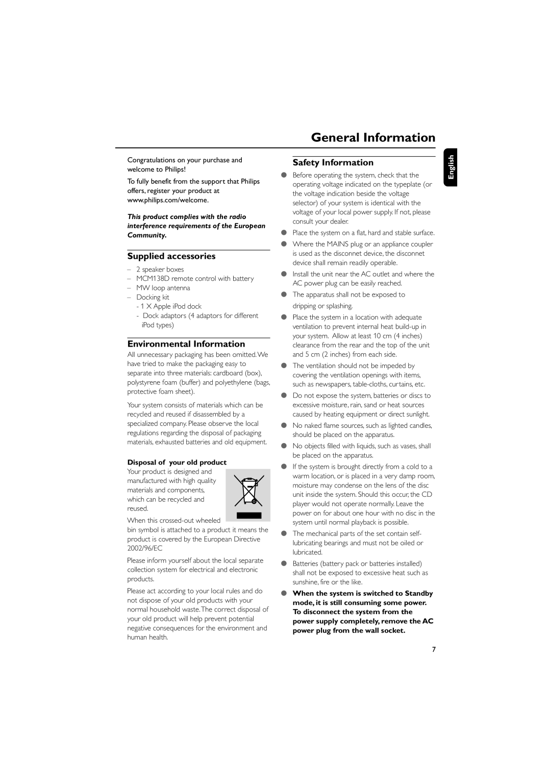 Philips MCM138D user manual General Information, Supplied accessories, Environmental Information, Safety Information 