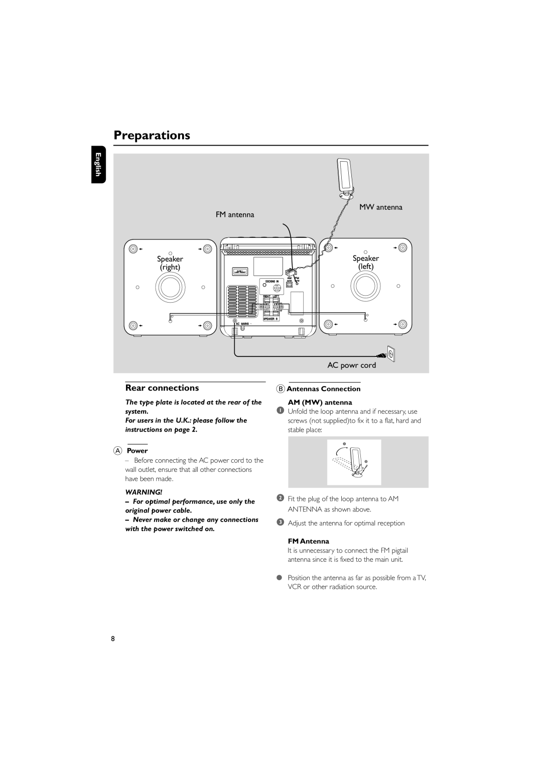 Philips MCM138D user manual Preparations, Rear connections, Power, Antennas Connection AM MW antenna, FM Antenna 