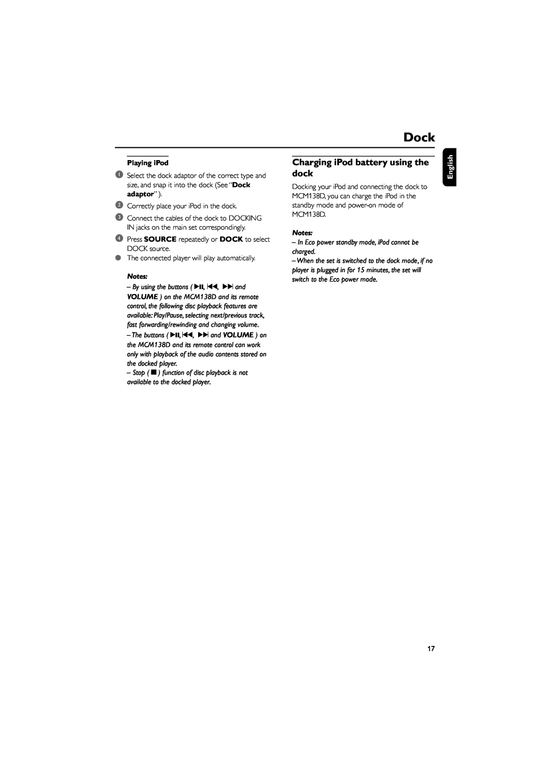 Philips MCM138D user manual Charging iPod battery using the dock, Playing iPod, Dock, English 