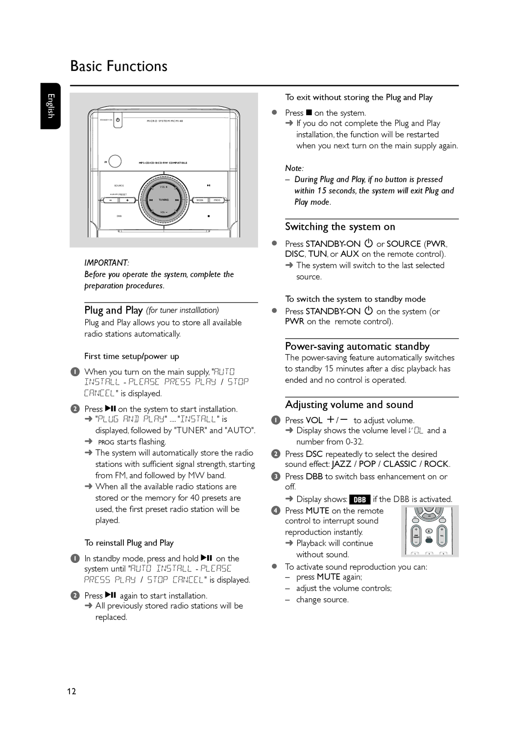 Philips MCM148 Basic Functions, Switching the system on, Power-saving automatic standby, Adjusting volume and sound 