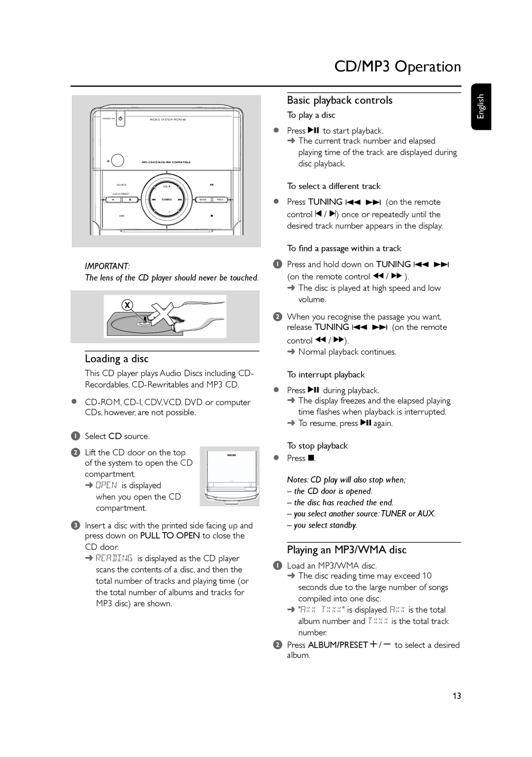 Philips MCM148 user manual CD/MP3 Operation, Loading a disc, Basic playback controls, Playing an MP3/WMA disc 