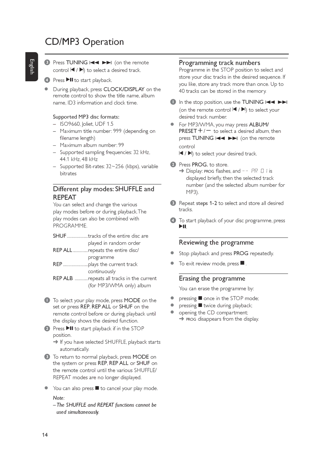 Philips MCM148 user manual Programming track numbers, Reviewing the programme, Erasing the programme 