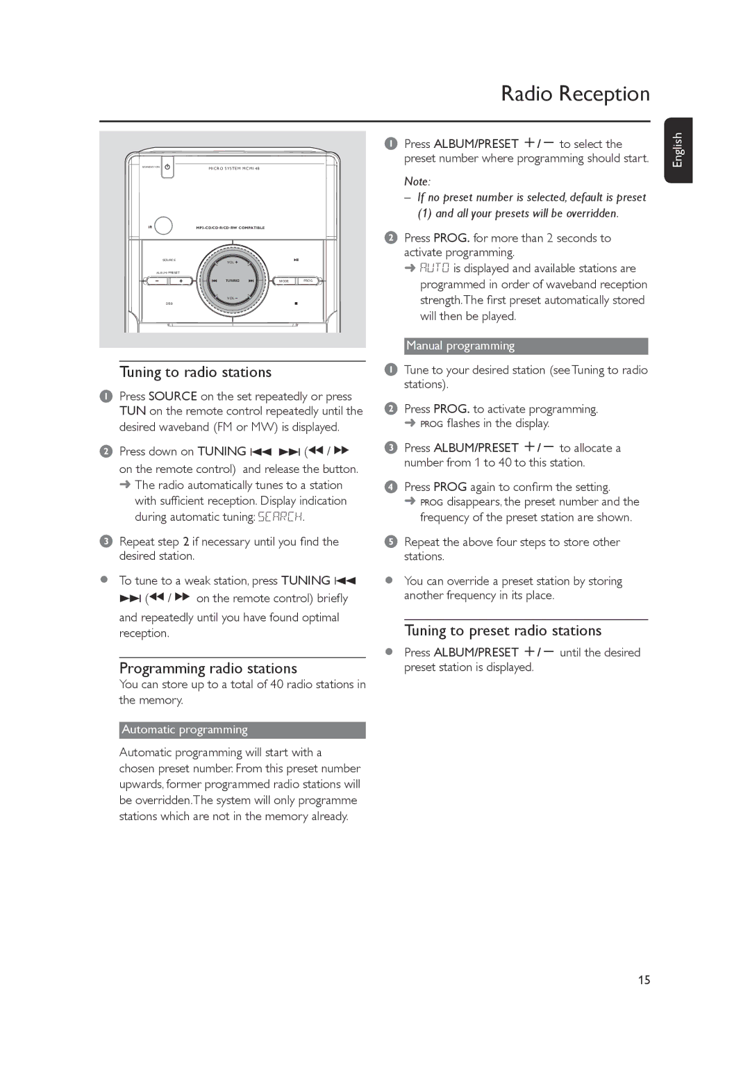 Philips MCM148 Radio Reception, Tuning to radio stations, Programming radio stations, Tuning to preset radio stations 