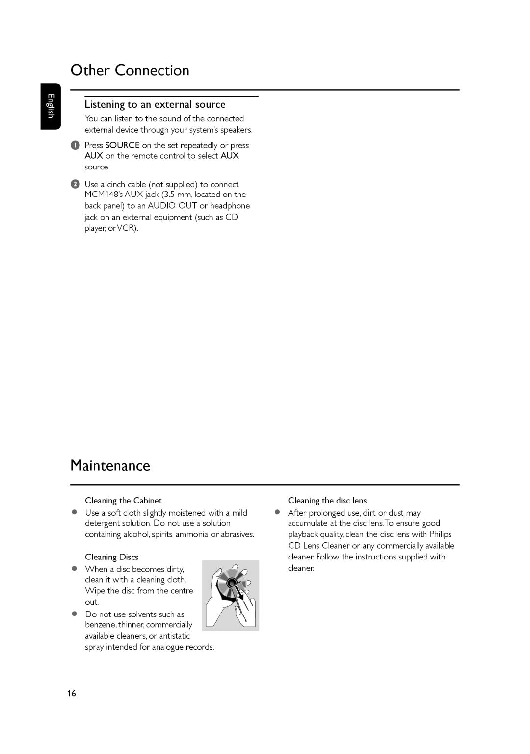 Philips MCM148 user manual Other Connection, Maintenance, Listening to an external source, Cleaning the Cabinet 