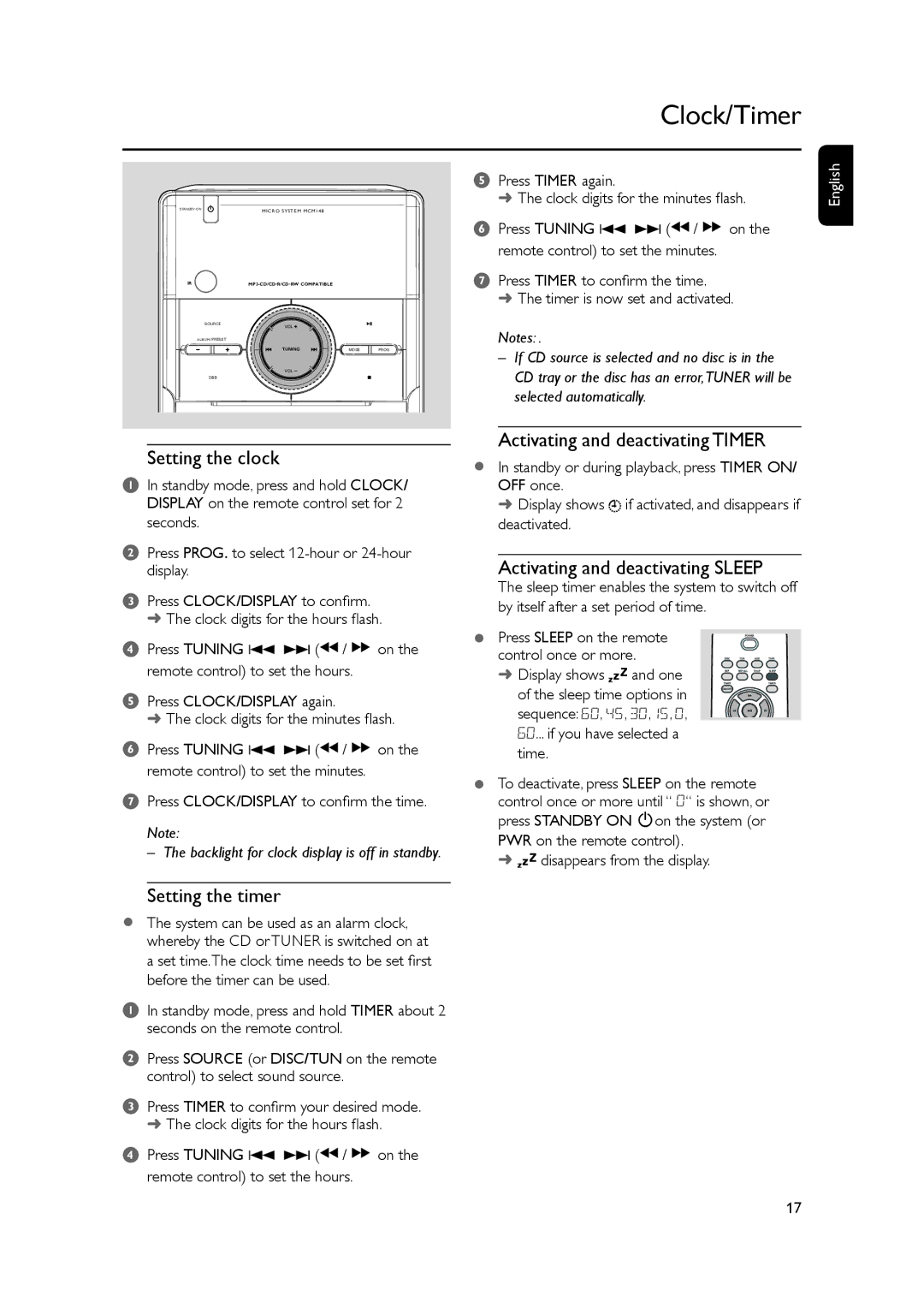 Philips MCM148 Clock/Timer, Setting the clock, Activating and deactivating Timer, Activating and deactivating Sleep 