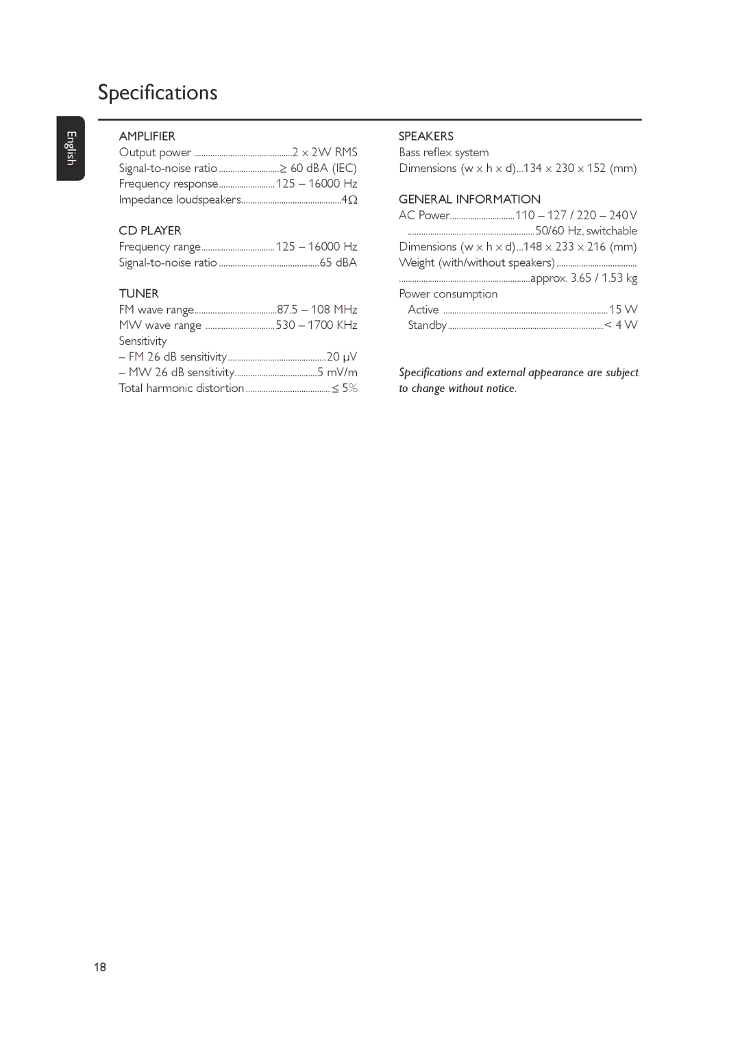 Philips MCM148 user manual Specifications 