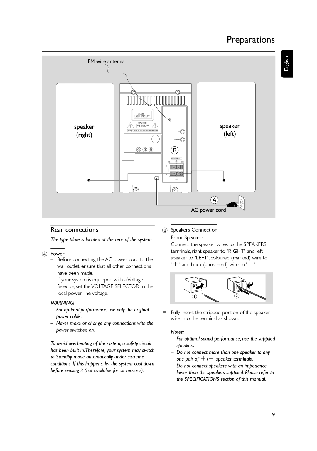 Philips MCM148 user manual Preparations, Rear connections, Speakers Connection Front Speakers 