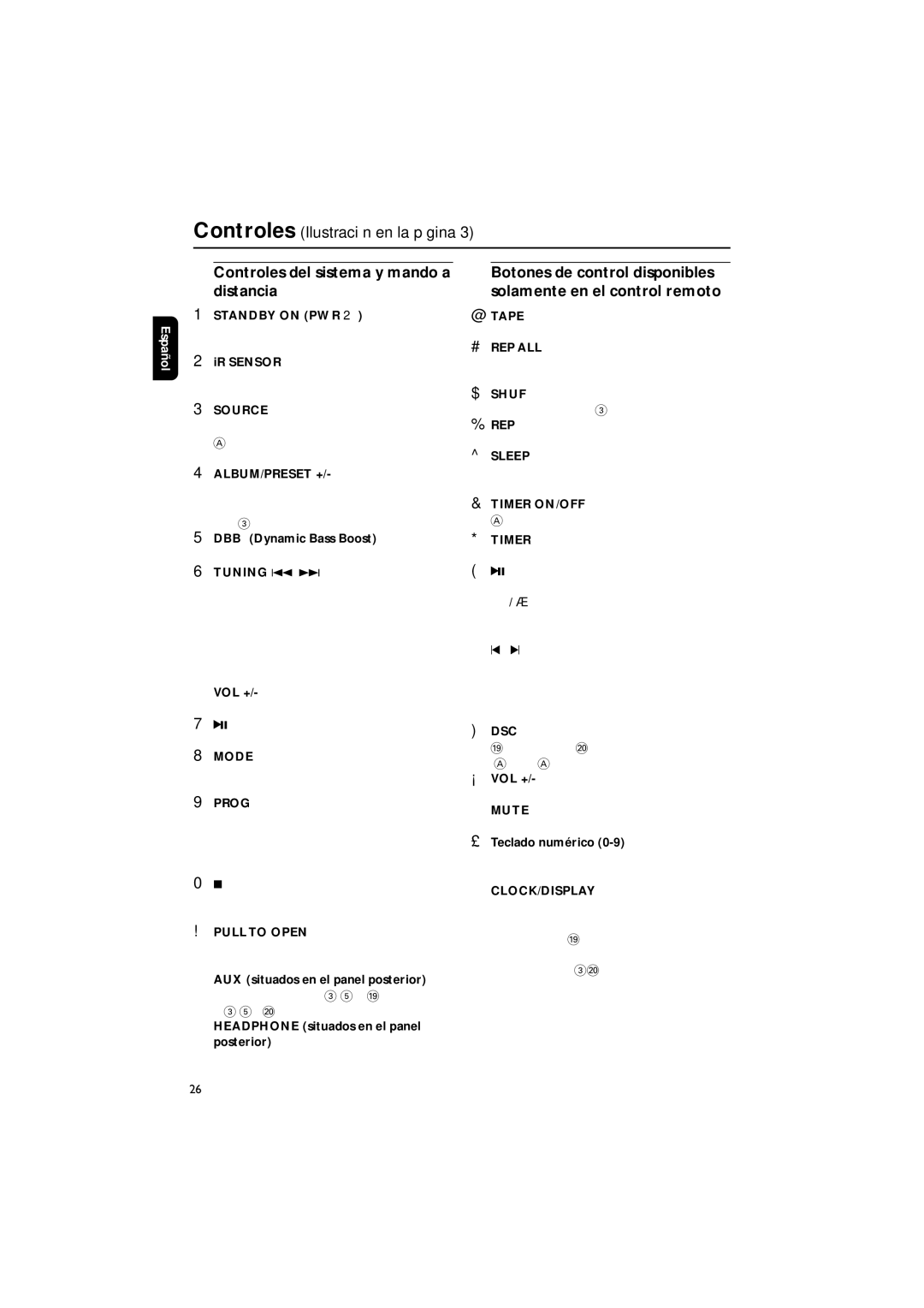 Philips MCM148 user manual Controles del sistema y mando a distancia 