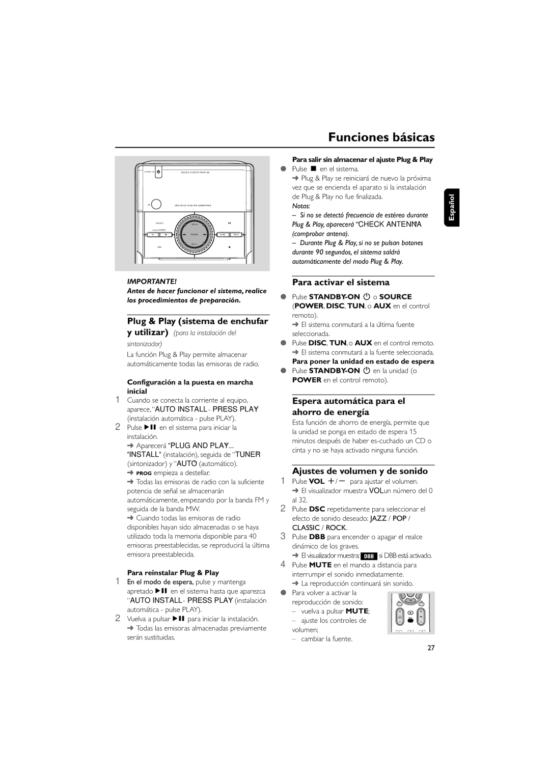 Philips MCM148 Funciones básicas, Plug & Play sistema de enchufar, Para activar el sistema, Ajustes de volumen y de sonido 