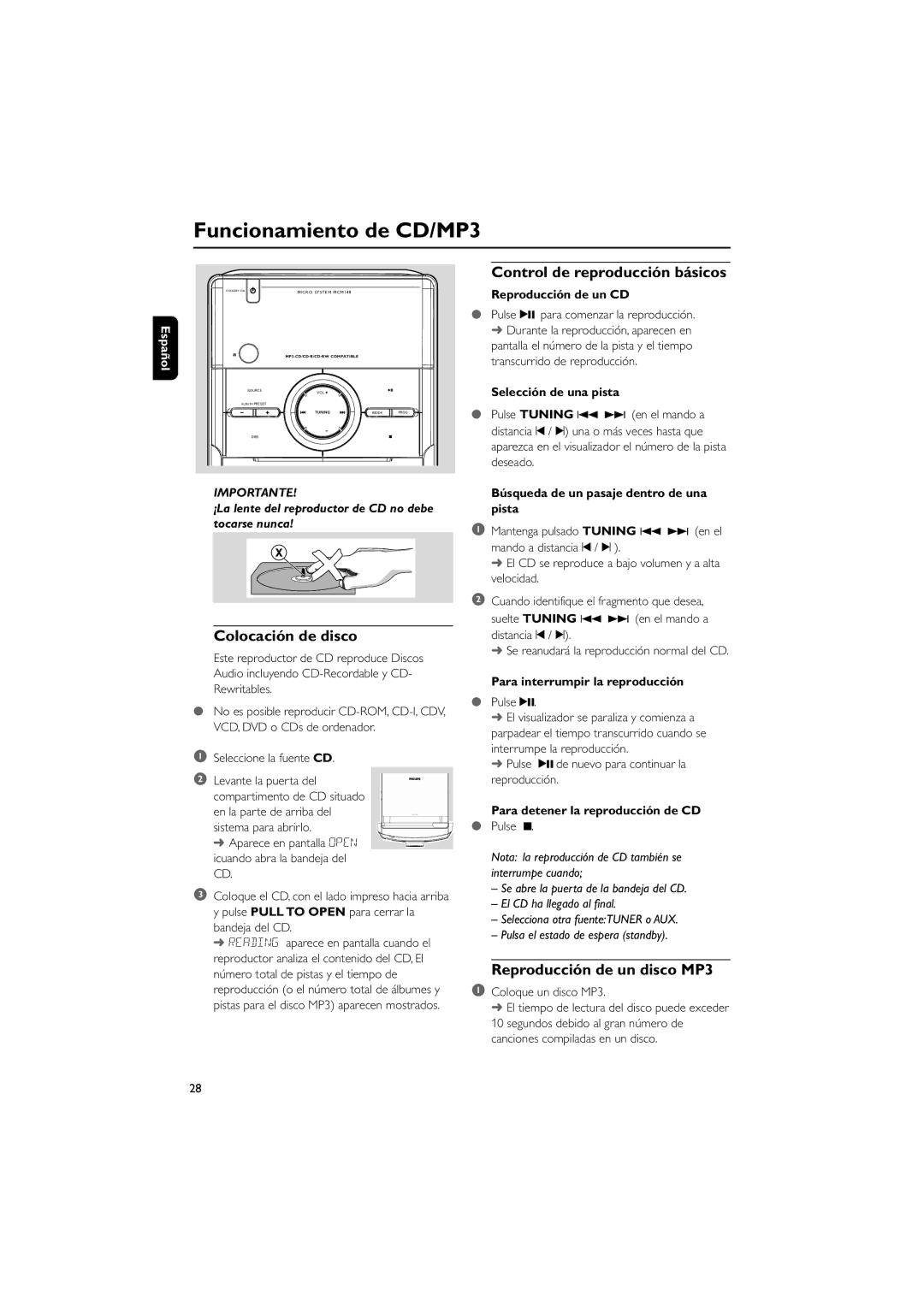 Philips MCM148 user manual Funcionamiento de CD/MP3, Colocación de disco, Control de reproducción básicos 