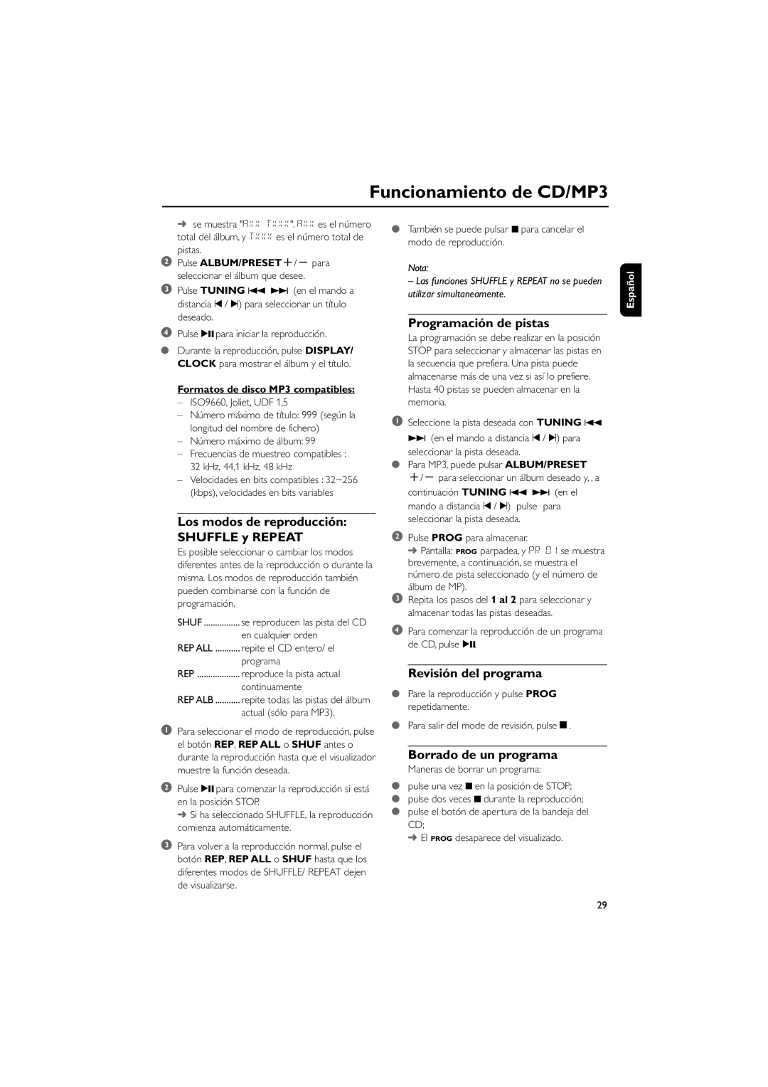 Philips MCM148 Programación de pistas, Revisión del programa, Borrado de un programa, Formatos de disco MP3 compatibles 