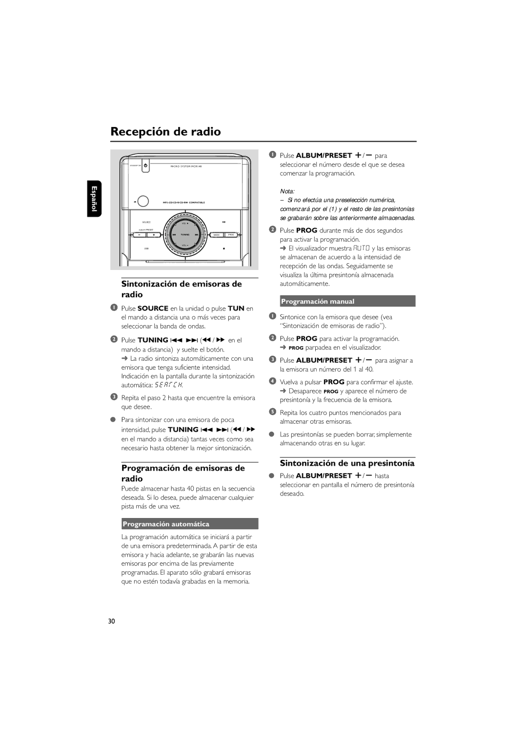 Philips MCM148 user manual Recepción de radio, Sintonización de emisoras de radio, Programación de emisoras de radio 