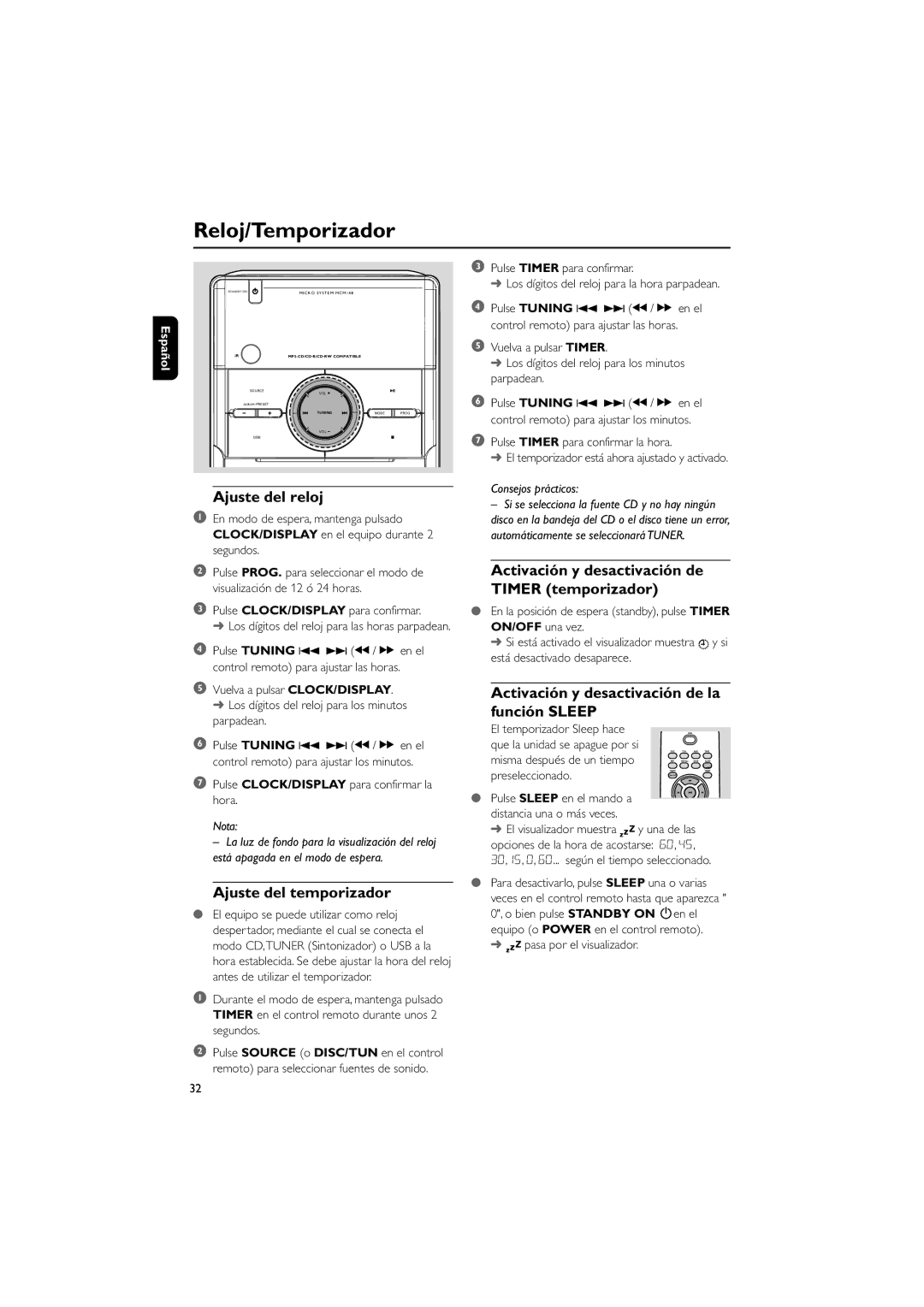 Philips MCM148 user manual Reloj/Temporizador, Ajuste del reloj, Ajuste del temporizador 