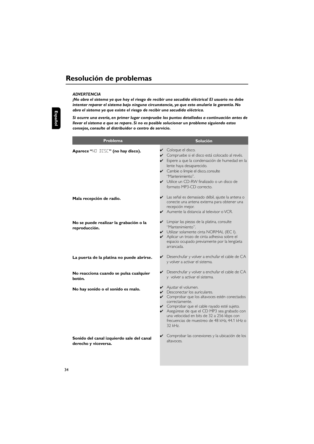 Philips MCM148 user manual Resolución de problemas, Advertencia 