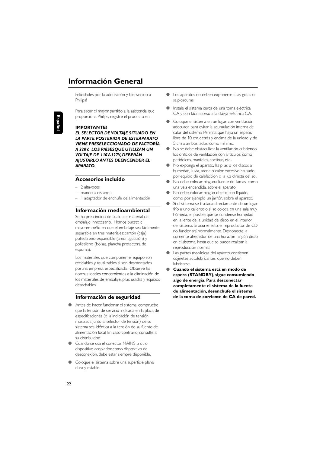 Philips MCM148 Información General, Accesorios incluido, Información medioambiental, Información de seguridad, Importante 