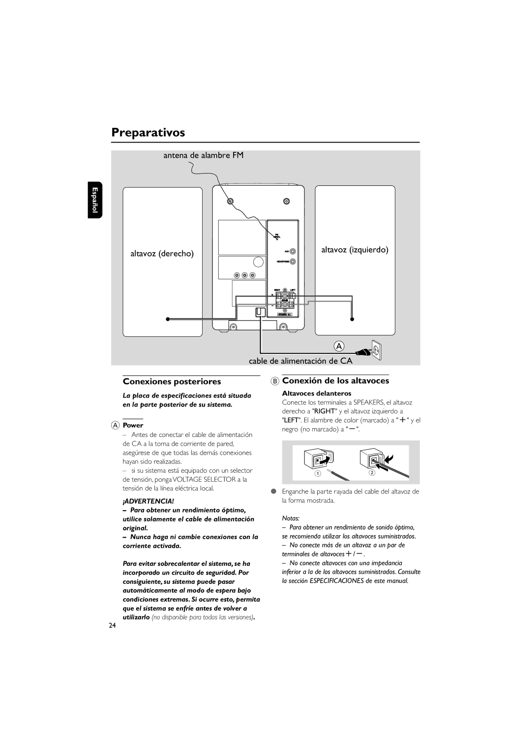 Philips MCM148 user manual Preparativos, Conexiones posteriores, Conexión de los altavoces, Power, Altavoces delanteros 