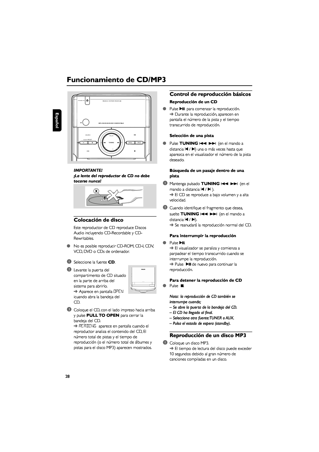 Philips MCM148 user manual Funcionamiento de CD/MP3, Colocación de disco, Control de reproducción básicos, Español 