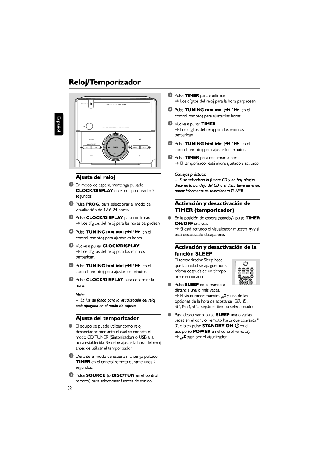 Philips MCM148 user manual Reloj/Temporizador, Ajuste del reloj, Ajuste del temporizador, Español, Nota, Consejos prácticos 