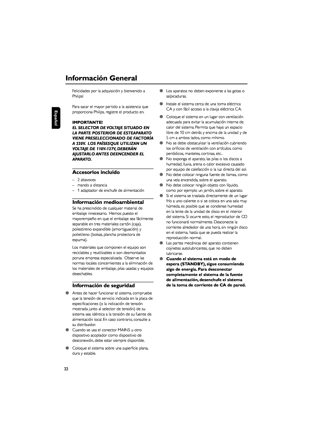 Philips MCM148 Información General, Accesorios incluido, Información medioambiental, Información de seguridad, Español 