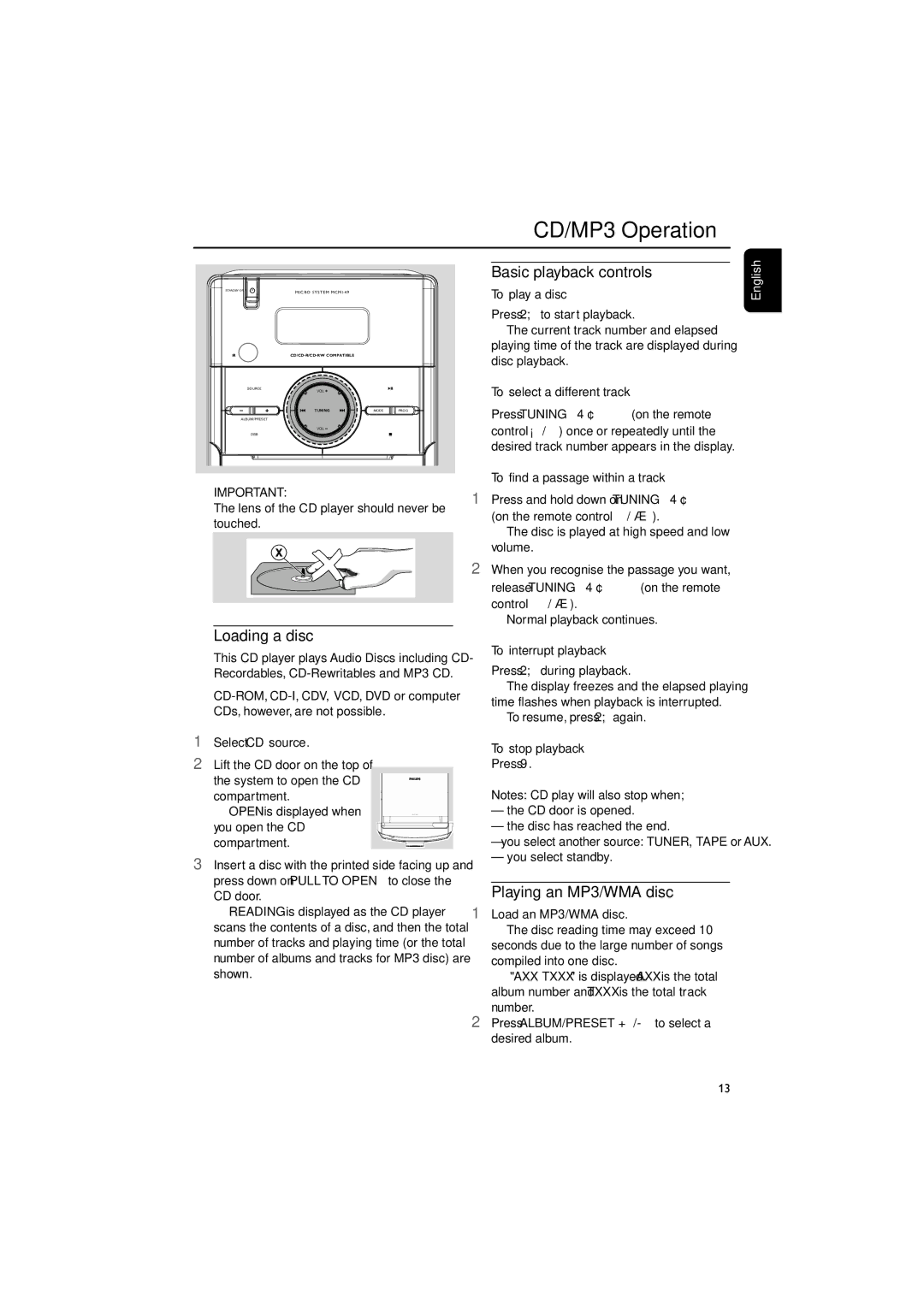 Philips MCM149 user manual CD/MP3 Operation, Basic playback controls, Loading a disc, Playing an MP3/WMA disc 