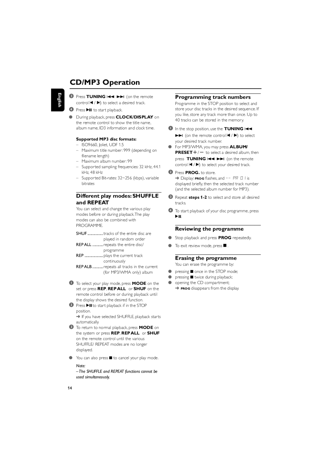 Philips MCM149 user manual Different play modes Shuffle and Repeat, Programming track numbers, Reviewing the programme 