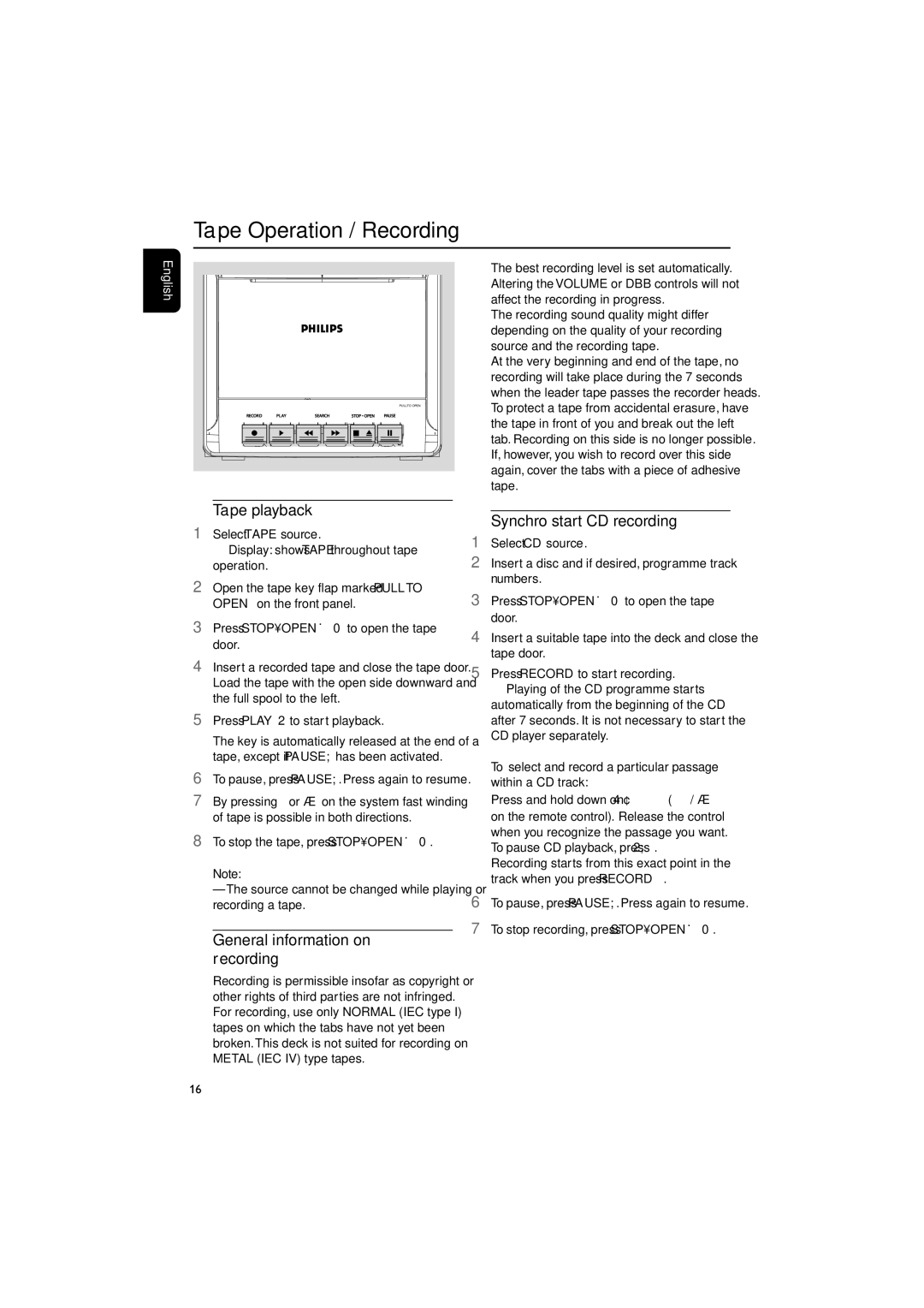 Philips MCM149 Tape Operation / Recording, Tape playback, General information on recording, Synchro start CD recording 