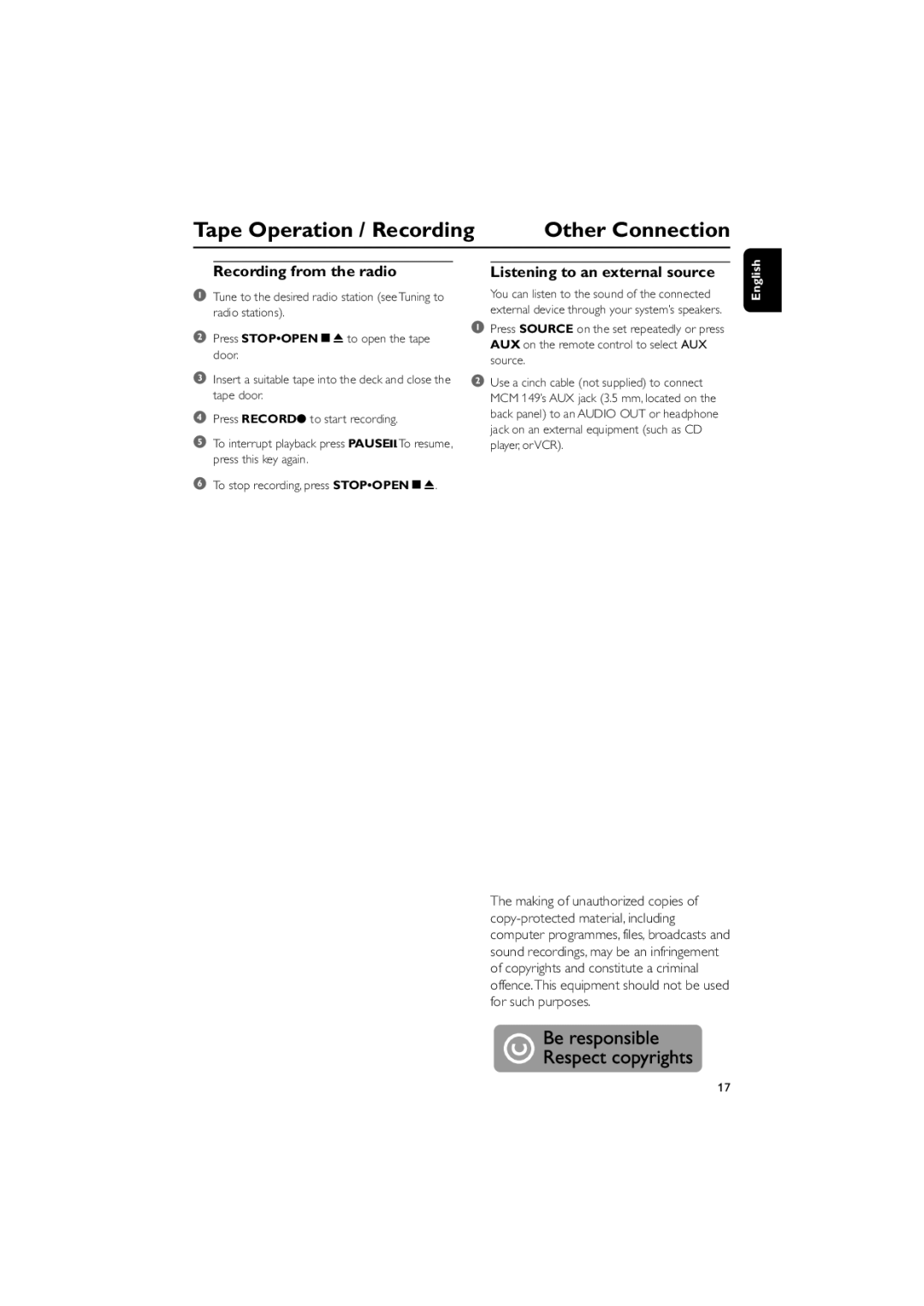 Philips MCM149 user manual Other Connection, Recording from the radio Listening to an external source 