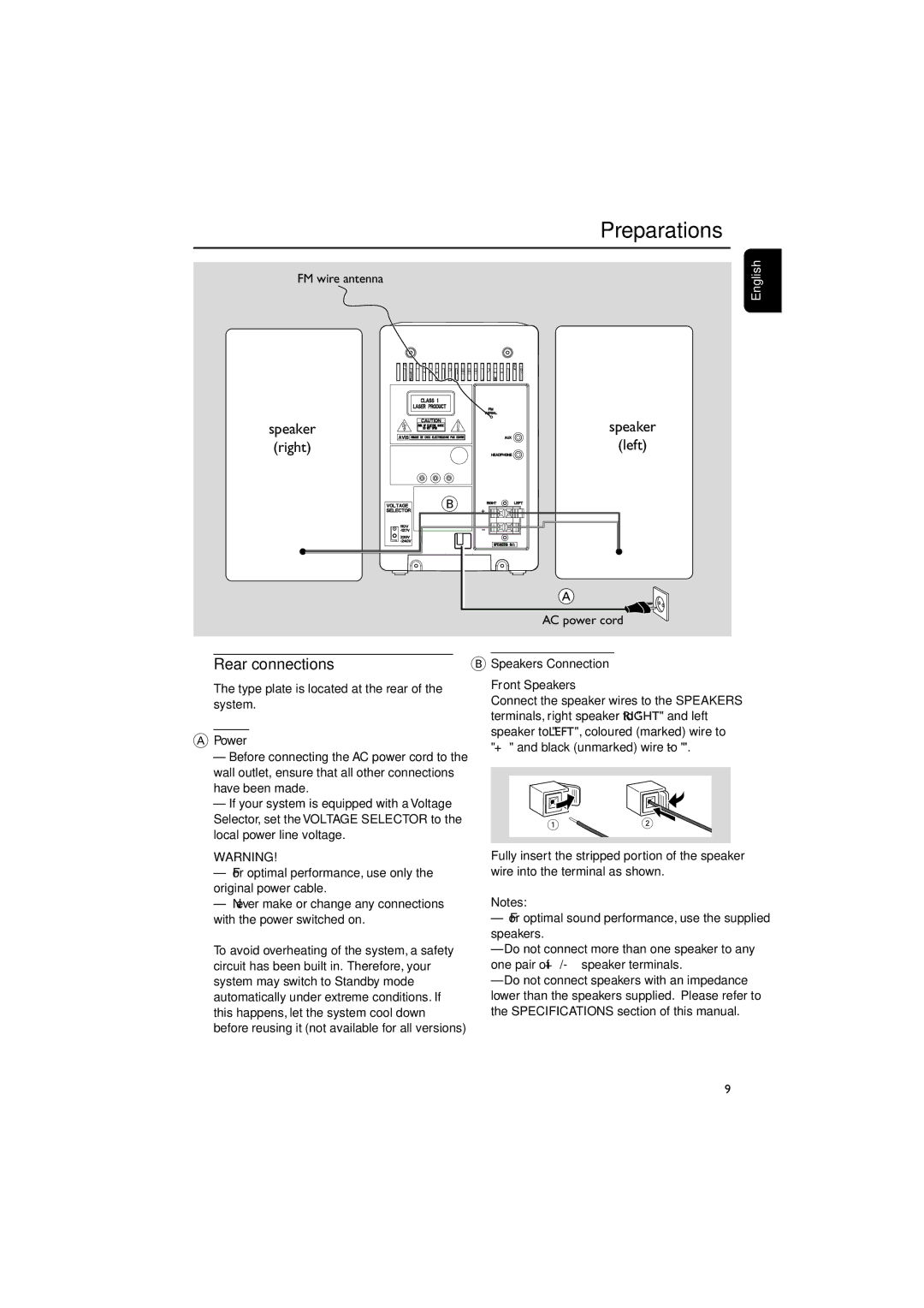 Philips MCM149 user manual Preparations, Rear connections, Power, Speakers Connection Front Speakers 