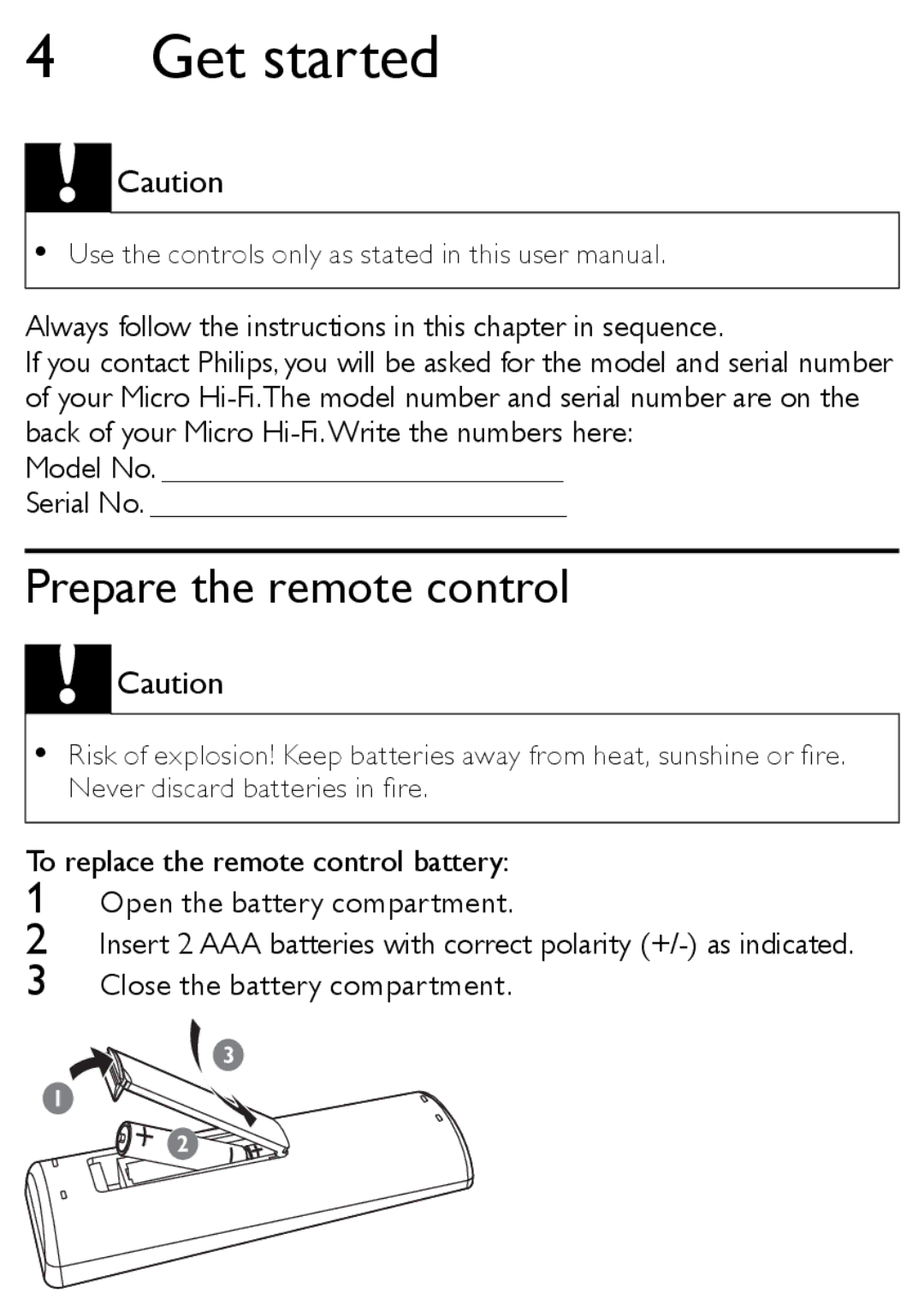 Philips MCM166 user manual Get started, Prepare the remote control 