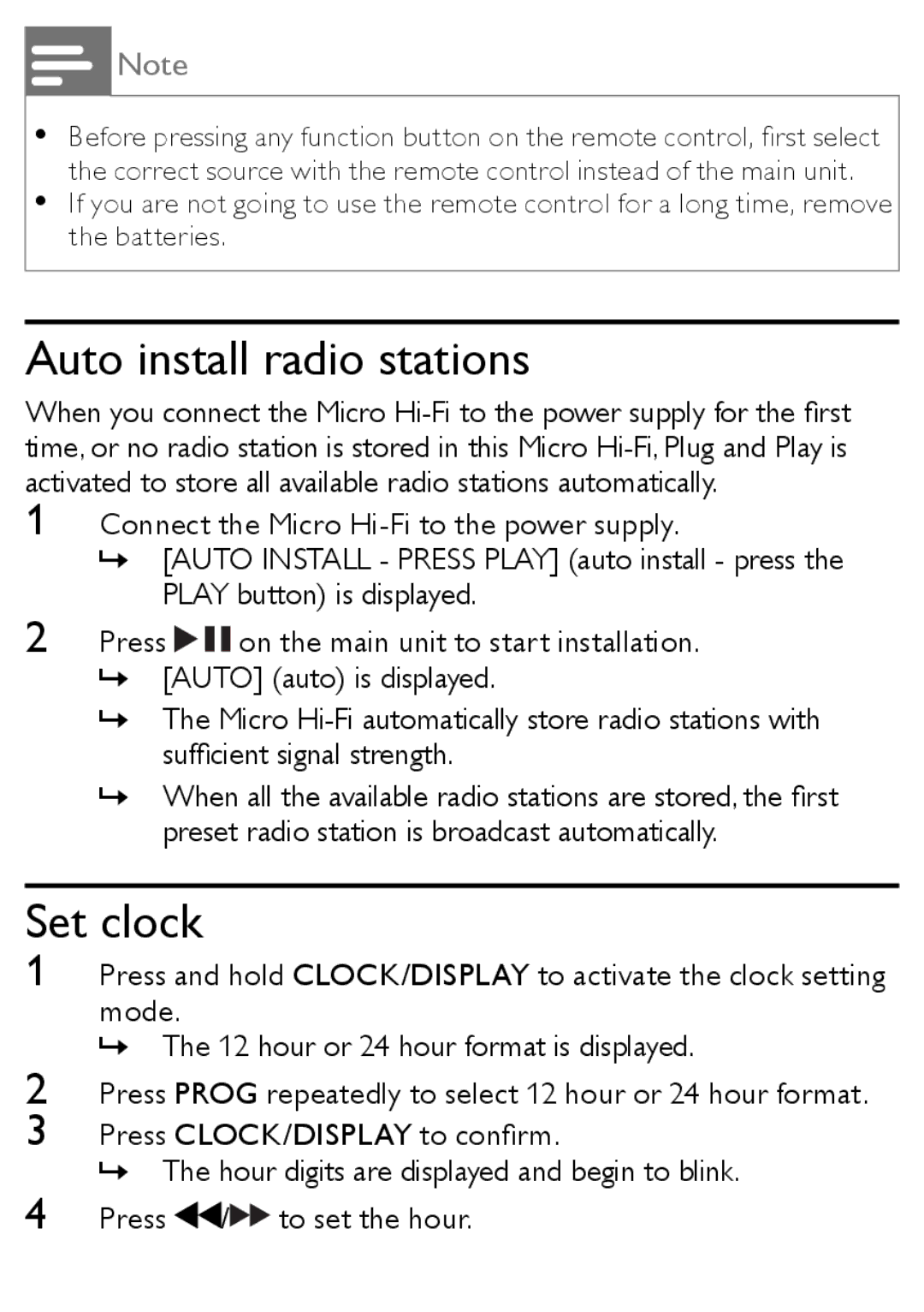 Philips MCM166 user manual Auto install radio stations, Set clock 