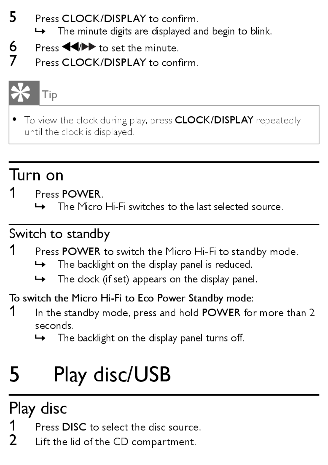 Philips MCM166 user manual Play disc/USB, Turn on, Switch to standby 