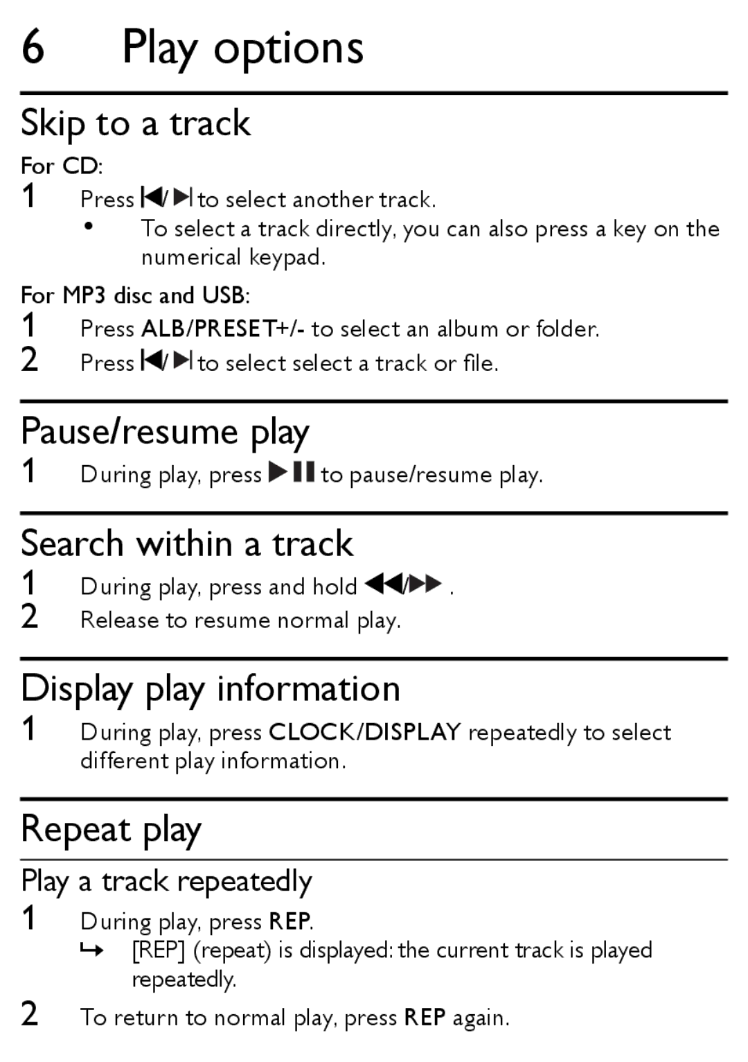 Philips MCM166 user manual Play options 