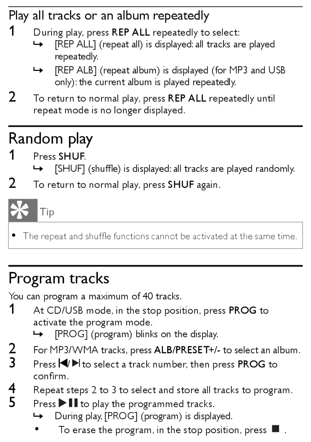 Philips MCM166 user manual Random play, Program tracks, Play all tracks or an album repeatedly 