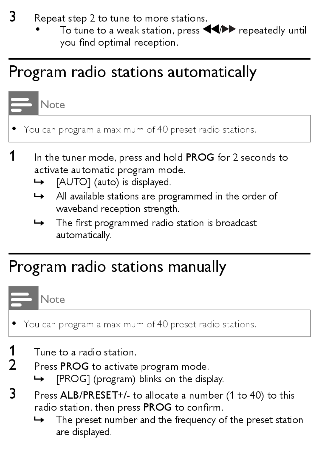 Philips MCM166 user manual Program radio stations automatically, Program radio stations manually 