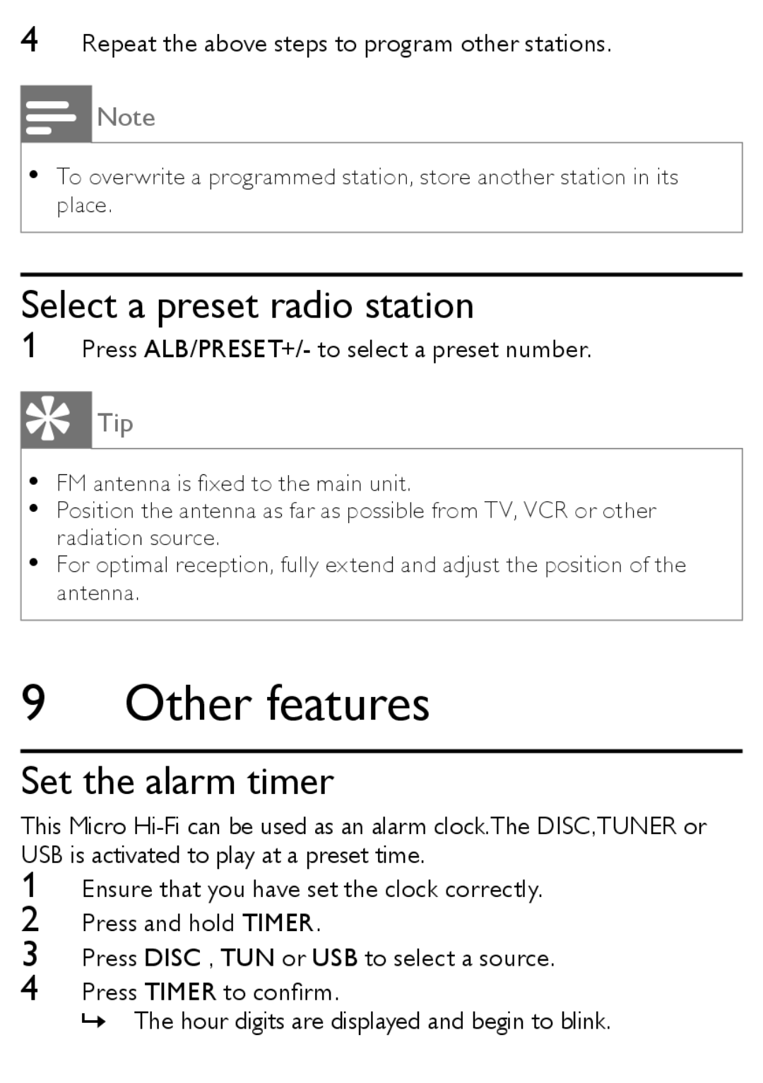 Philips MCM166 user manual Other features, Select a preset radio station, Set the alarm timer 