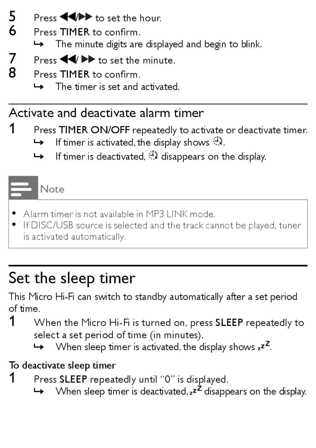 Philips MCM166 user manual Set the sleep timer, Activate and deactivate alarm timer 