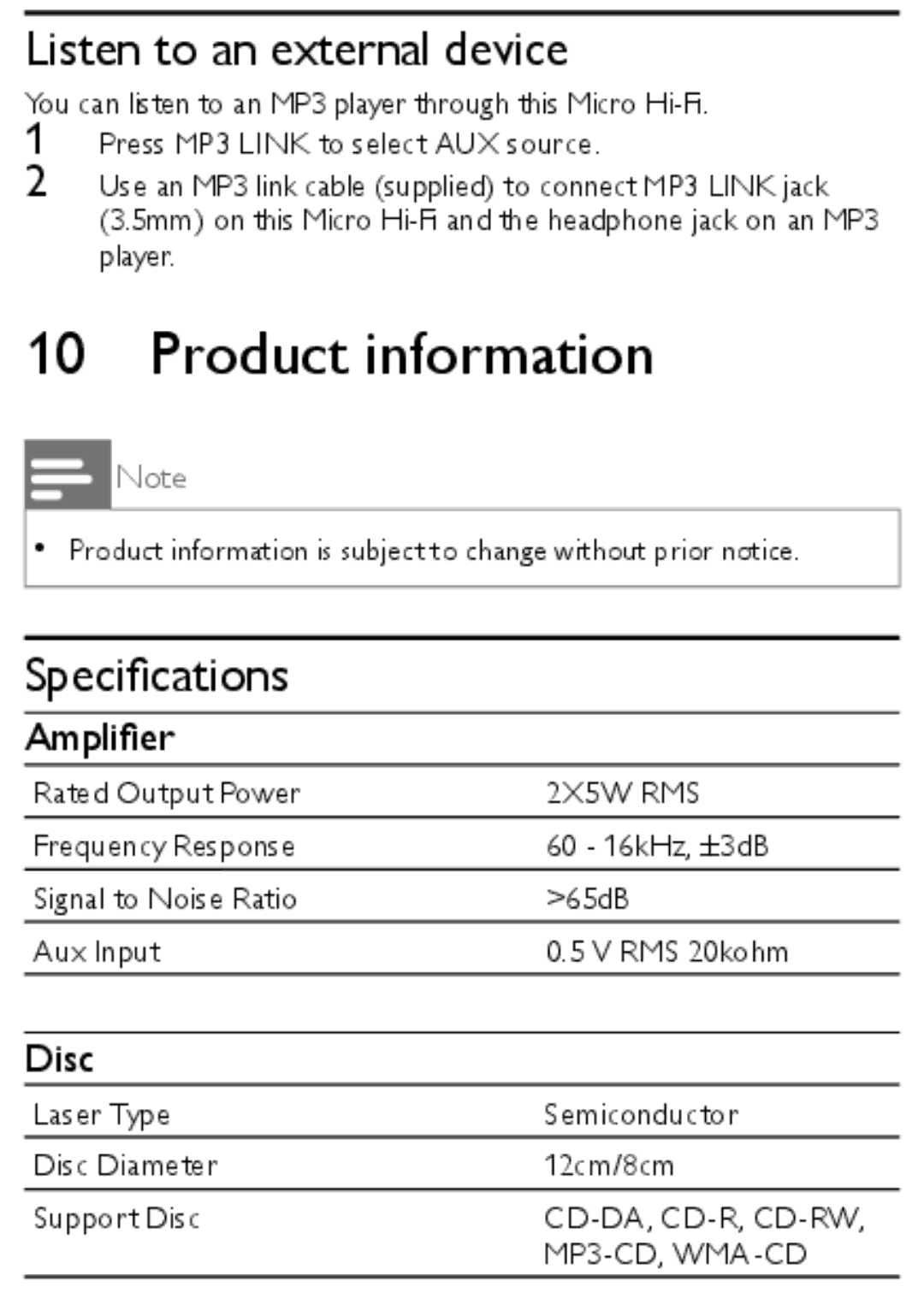 Philips MCM166 user manual Product information, Listen to an external device, Speciﬁcations, Ampliﬁer, Disc 