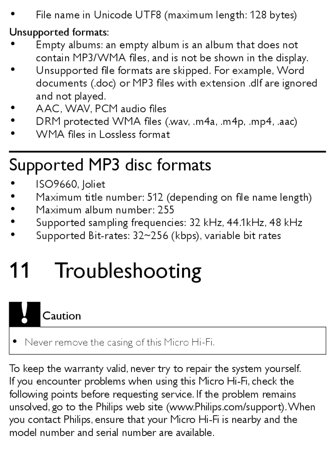 Philips MCM166 user manual Troubleshooting, Supported MP3 disc formats 