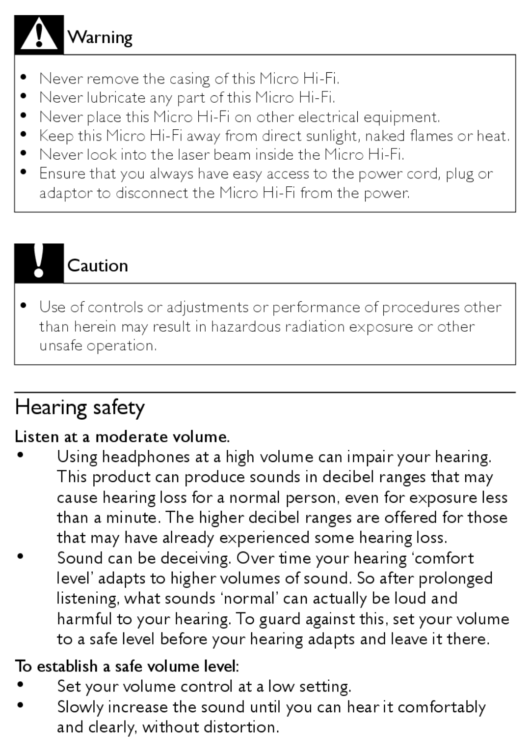 Philips MCM166 user manual Hearing safety, Never look into the laser beam inside the Micro Hi-Fi 