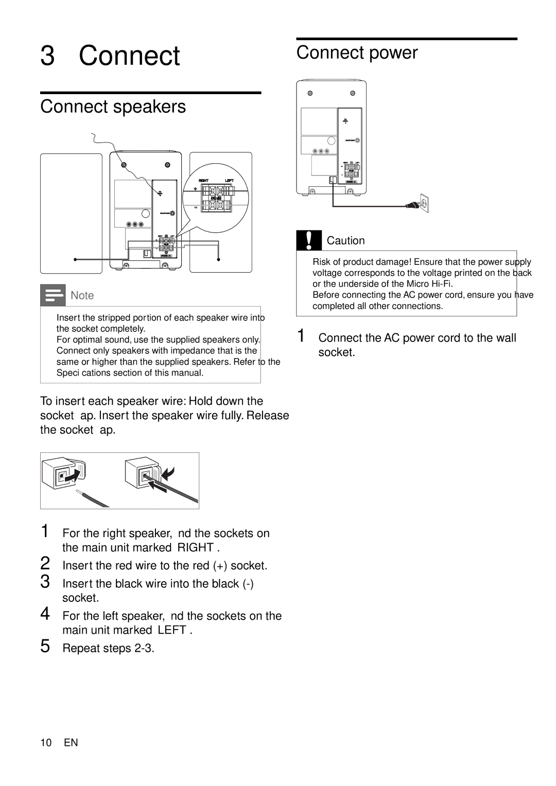 Philips MCM166 user manual Connect speakers, Connect the AC power cord to the wall socket 