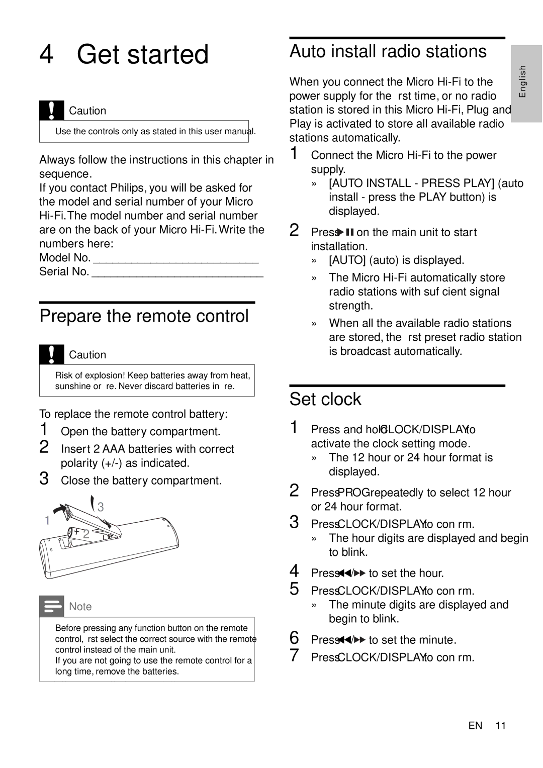 Philips MCM166 user manual Get started, Prepare the remote control, Auto install radio stations, Set clock 