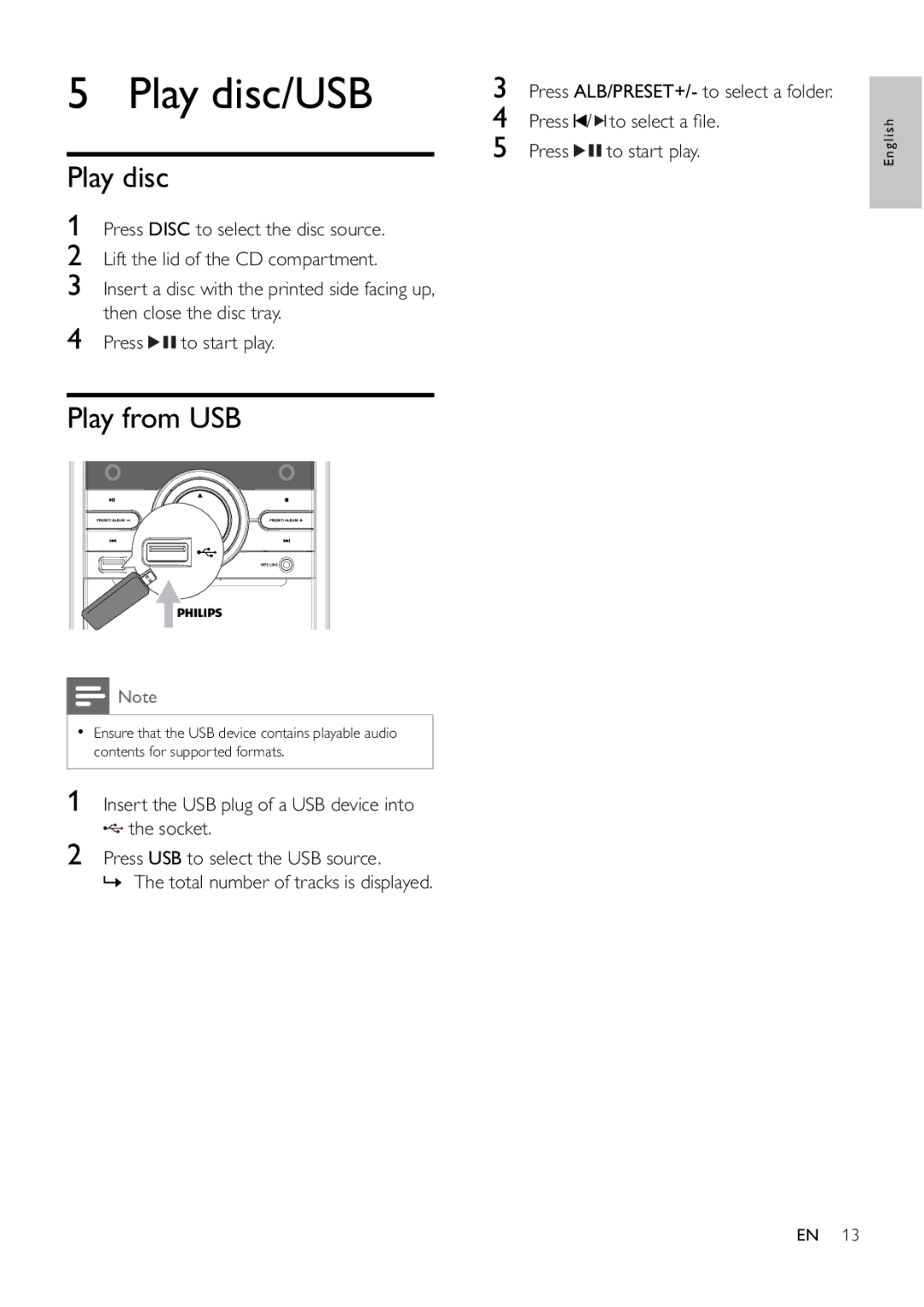 Philips MCM166 user manual Play disc/USB, Play from USB, Press To select a ﬁ le To start play 