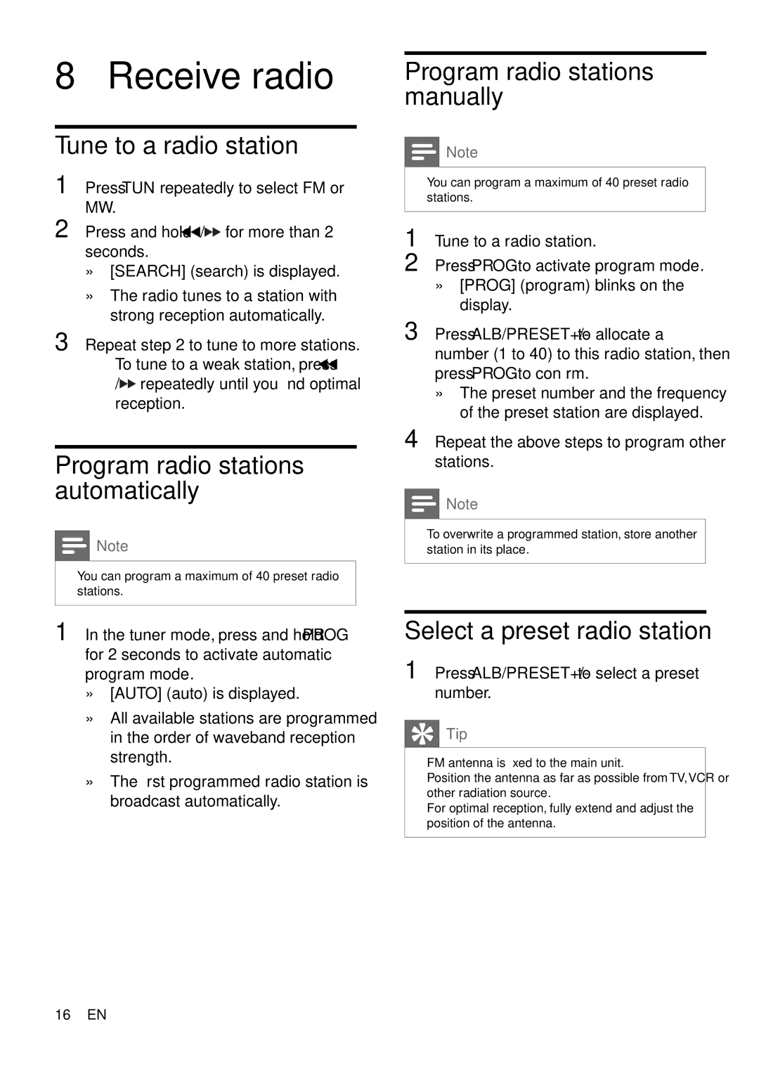 Philips MCM166 Receive radio, Tune to a radio station, Program radio stations automatically, Select a preset radio station 