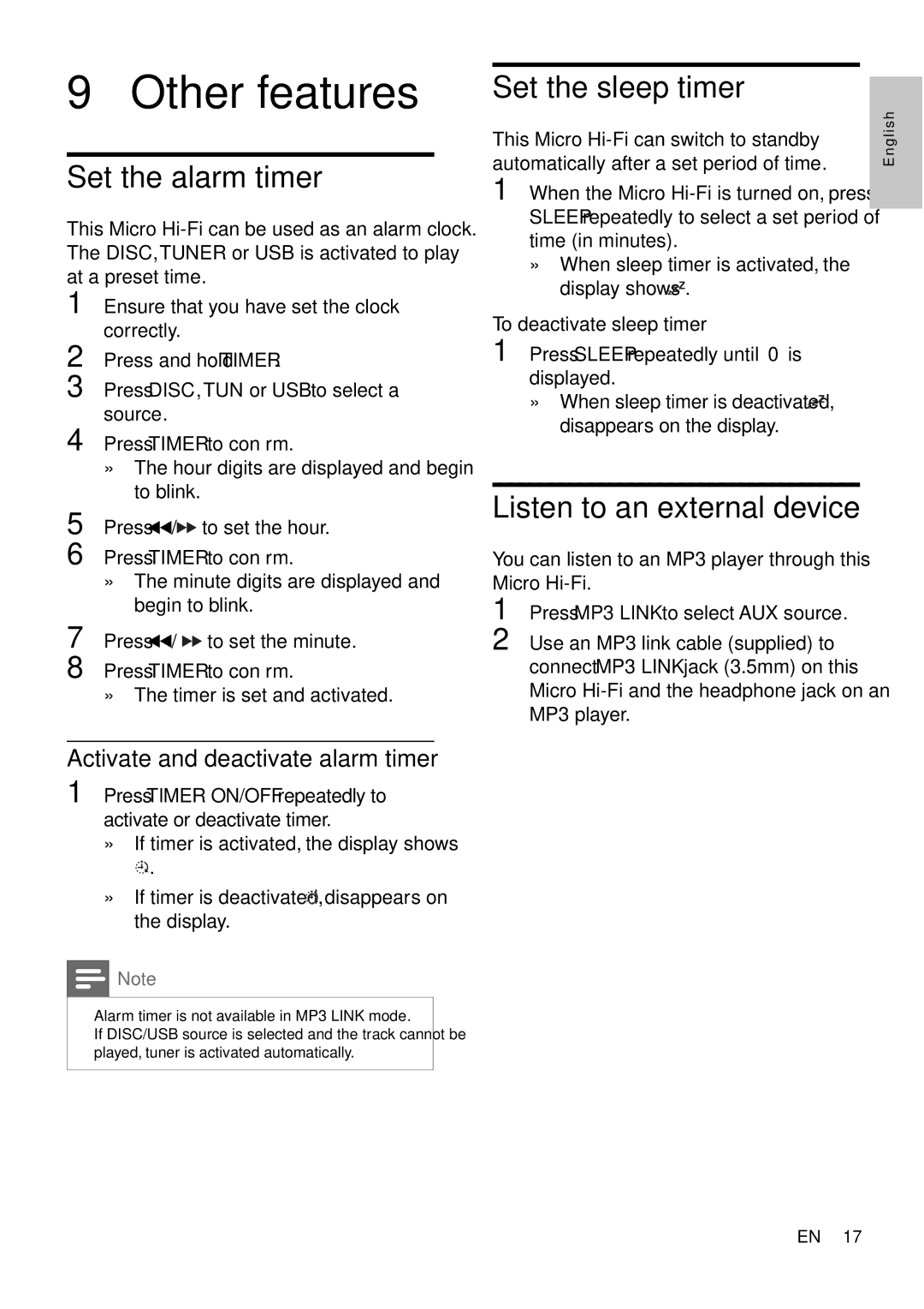 Philips MCM166 user manual Other features, Set the alarm timer, Set the sleep timer, Listen to an external device 