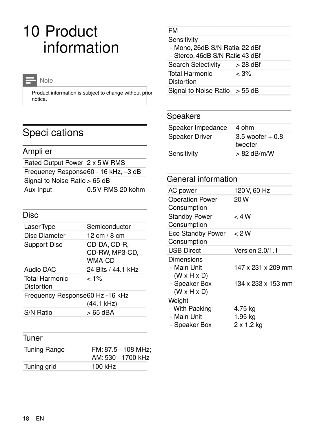 Philips MCM166 user manual Speciﬁ cations 