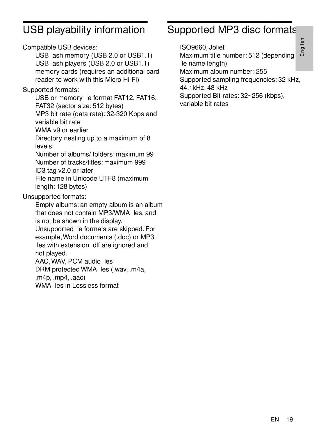 Philips MCM166 user manual USB playability information, Supported MP3 disc formats 