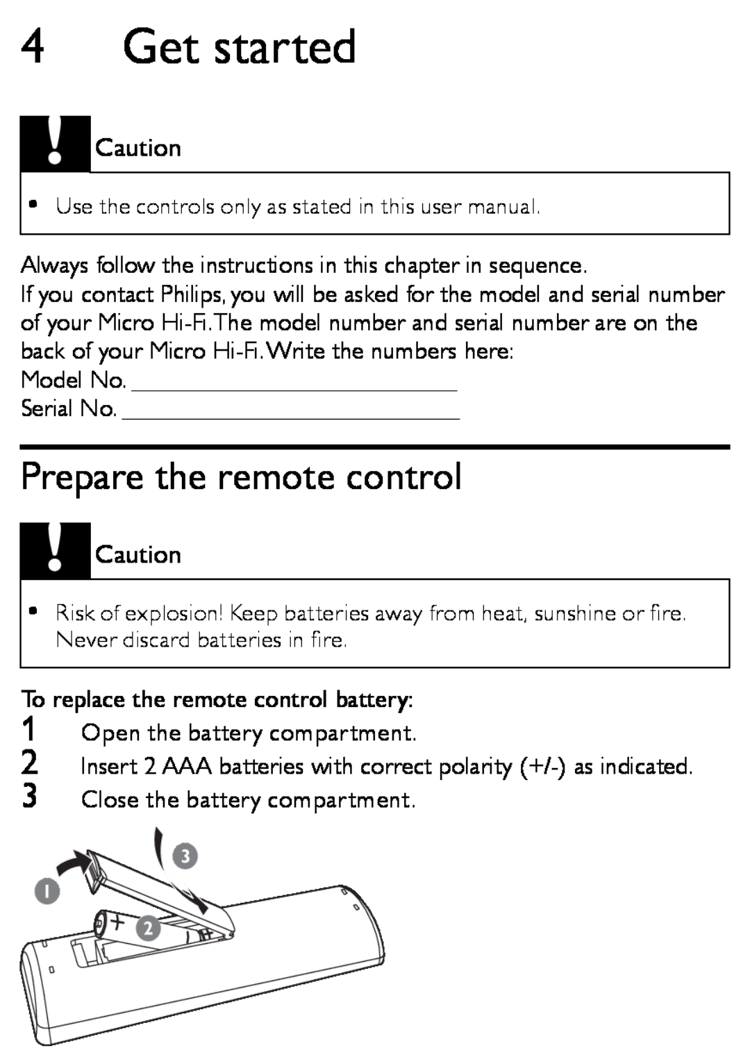 Philips MCM166 user manual Get started, Prepare the remote control 