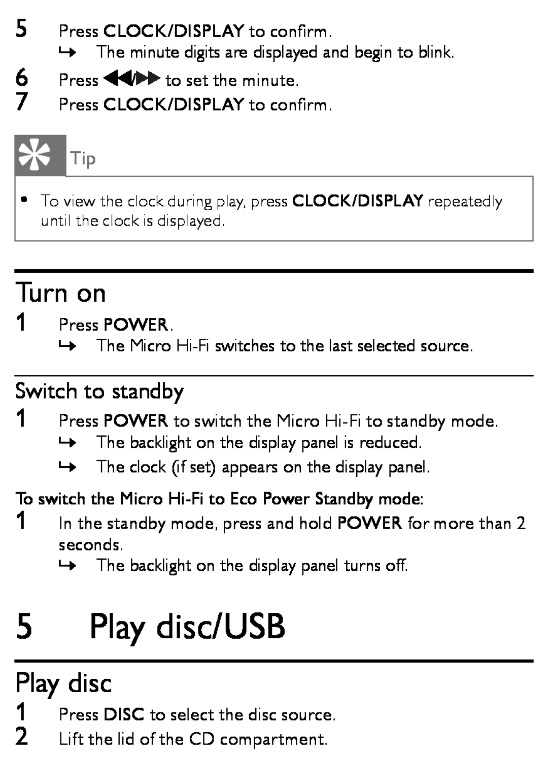 Philips MCM166 user manual Play disc/USB, Turn on, Switch to standby 