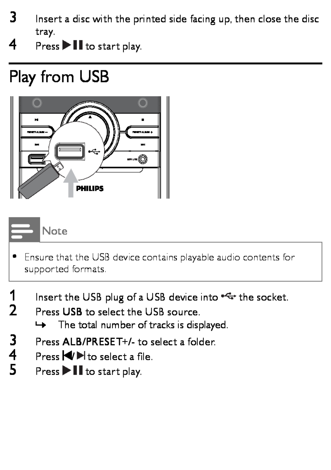 Philips MCM166 user manual Play from USB, 4Press to start play, 2Press USB to select the USB source 